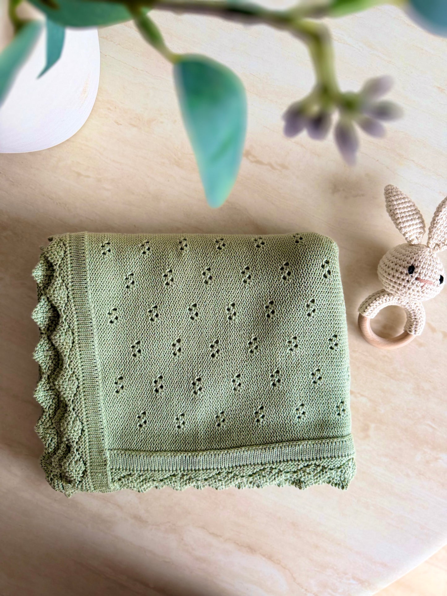Pointelle Knit Blanket In Sage Green